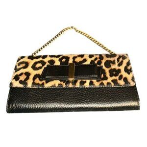 Kate Spade Leopard Print Haircalf Black Leather Clutch W/ Gold Chain Strap